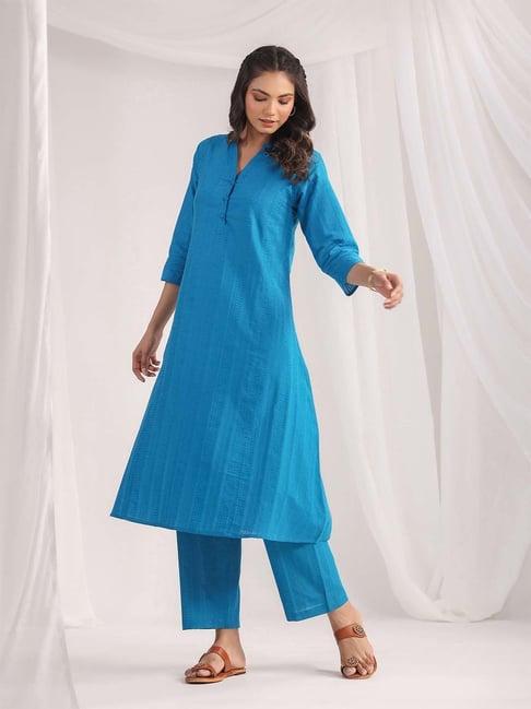 janasya blue cotton self pattern kurta pant set