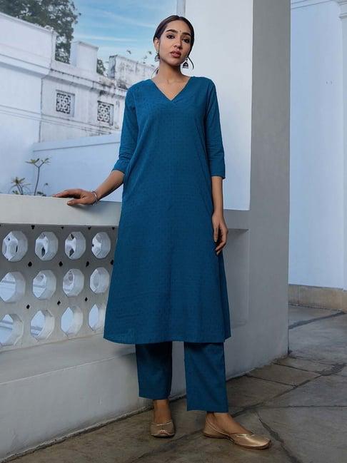 janasya blue cotton self pattern kurta pant set