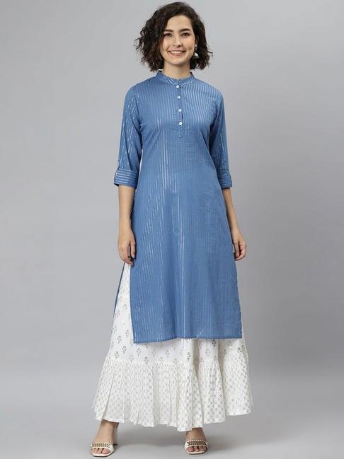 janasya blue cotton striped straight kurta