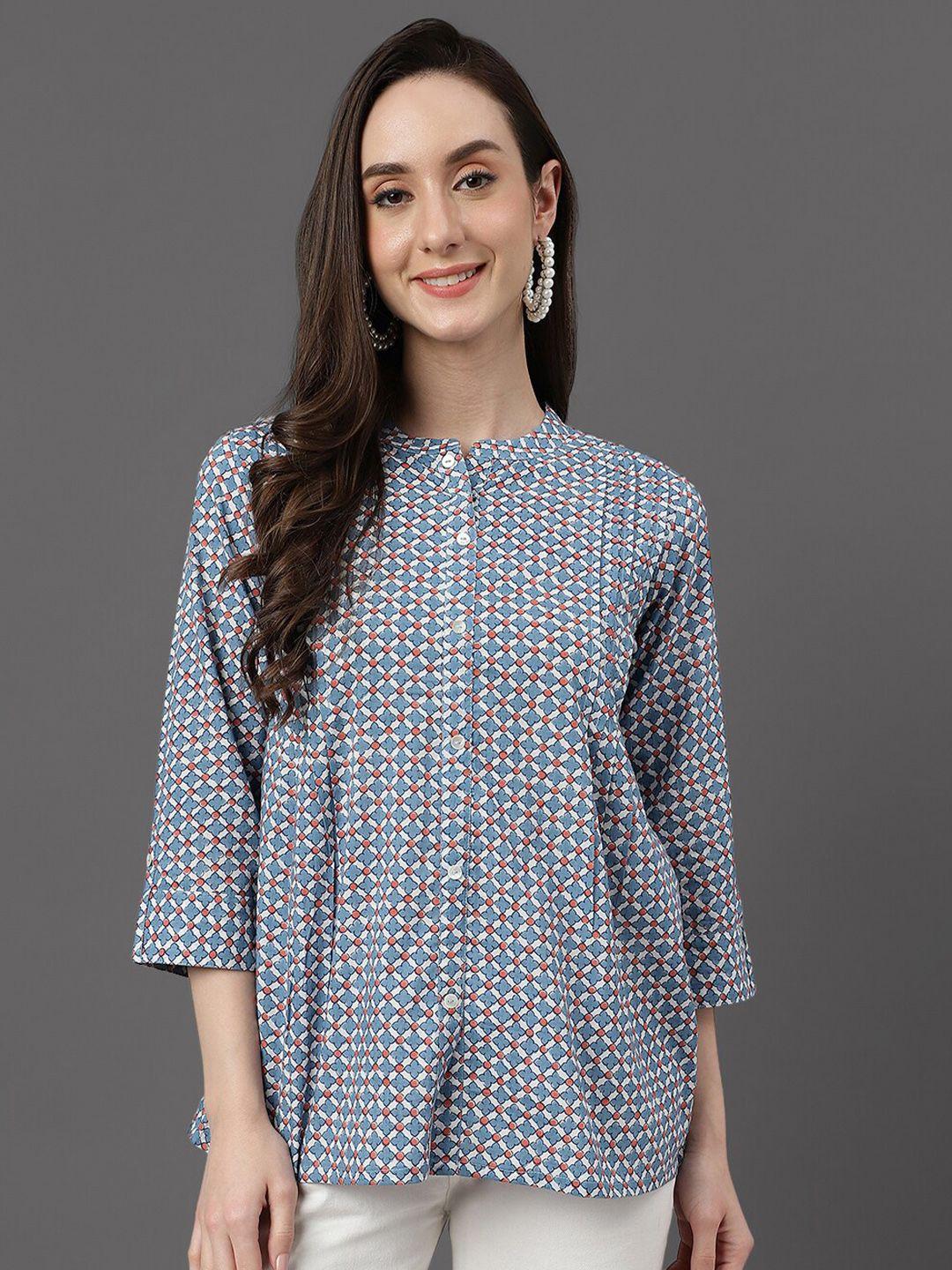 janasya blue ethnic motifs printed mandarin collar shirt style cotton top