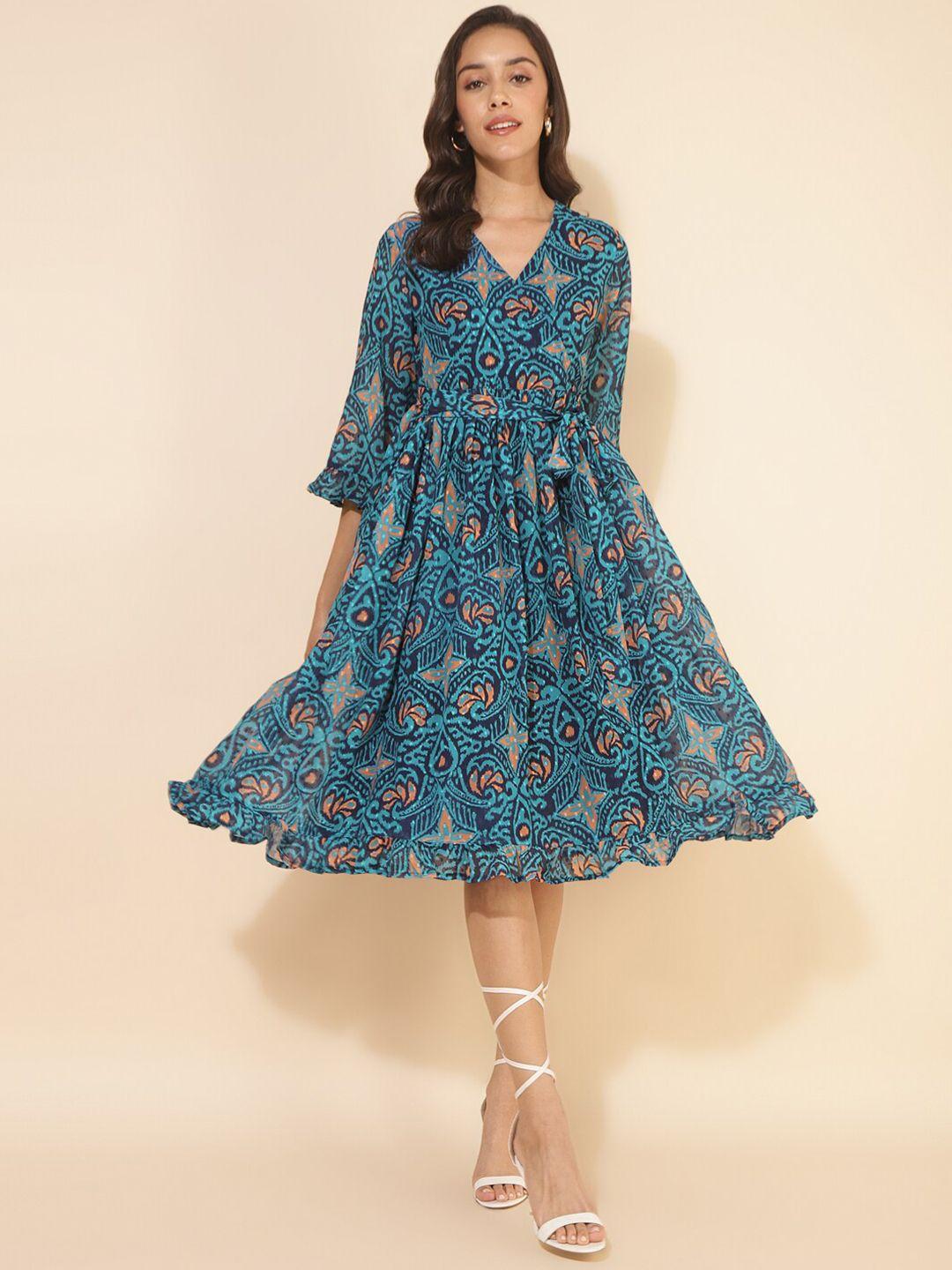 janasya blue floral printed flared sleeve georgette fit & flare dress