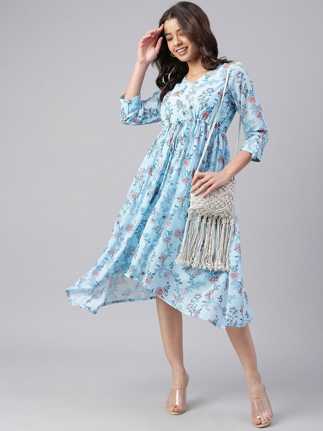 janasya blue floral printed roll up sleeves gathered georgette fit & flare dress