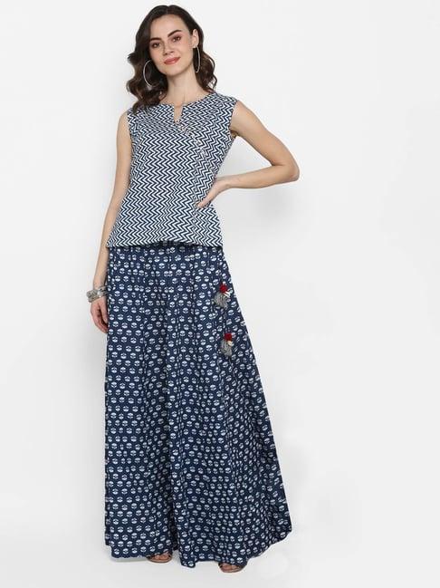 janasya blue printed crop top and skirt
