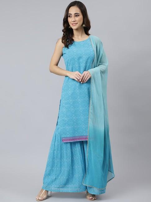 janasya blue printed kurta sharara set with dupatta