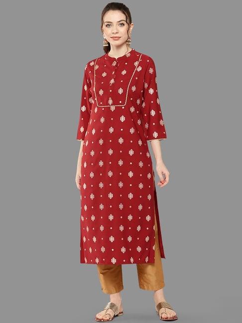 janasya brick red printed straight kurta