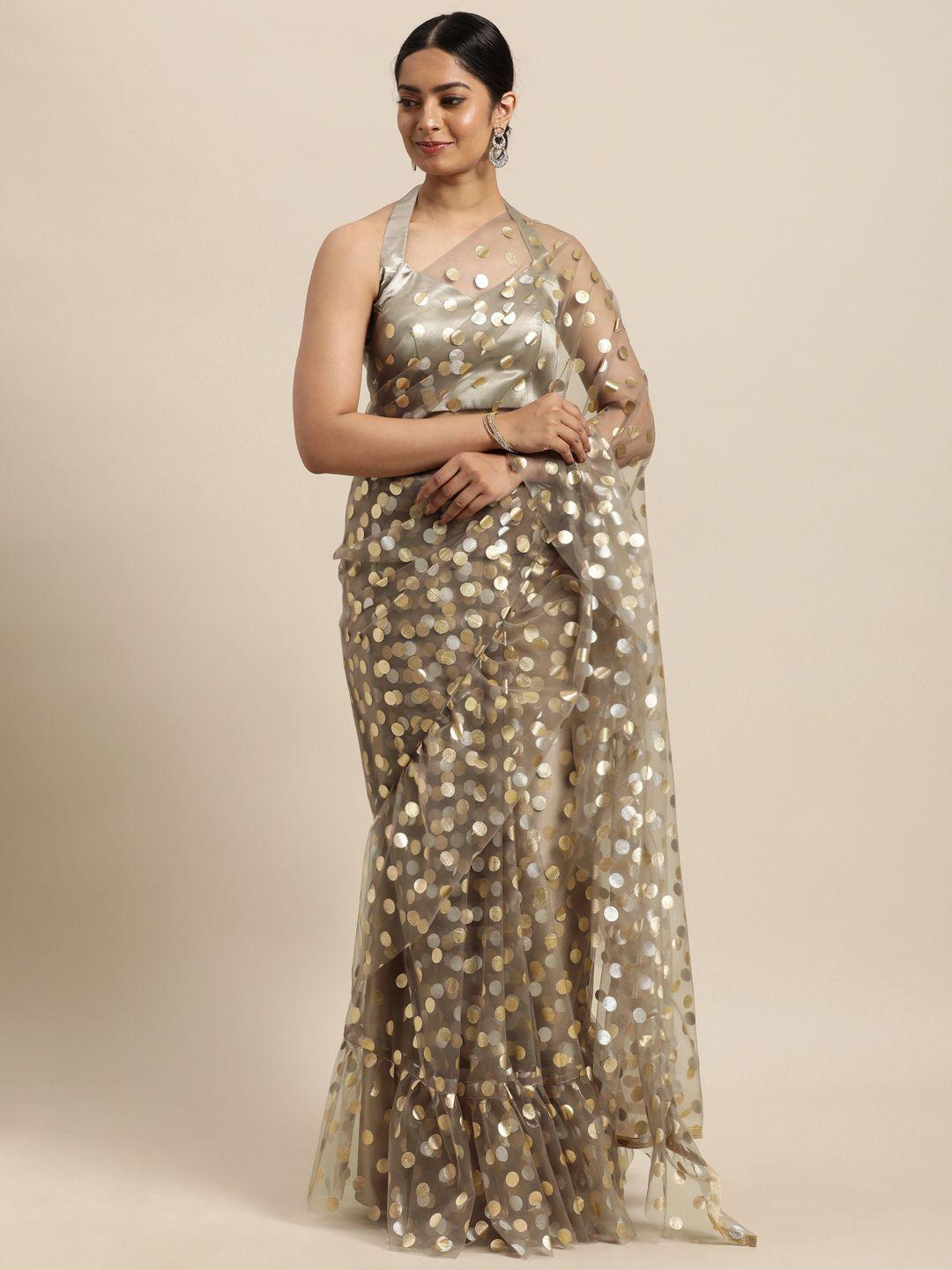 janasya brown & golden polka dots net ruffles saree