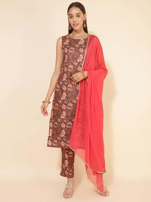 janasya brown crepe floral print kurta pant set with dupatta