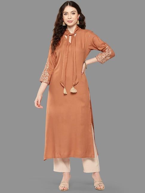 janasya brown embroidered straight kurta