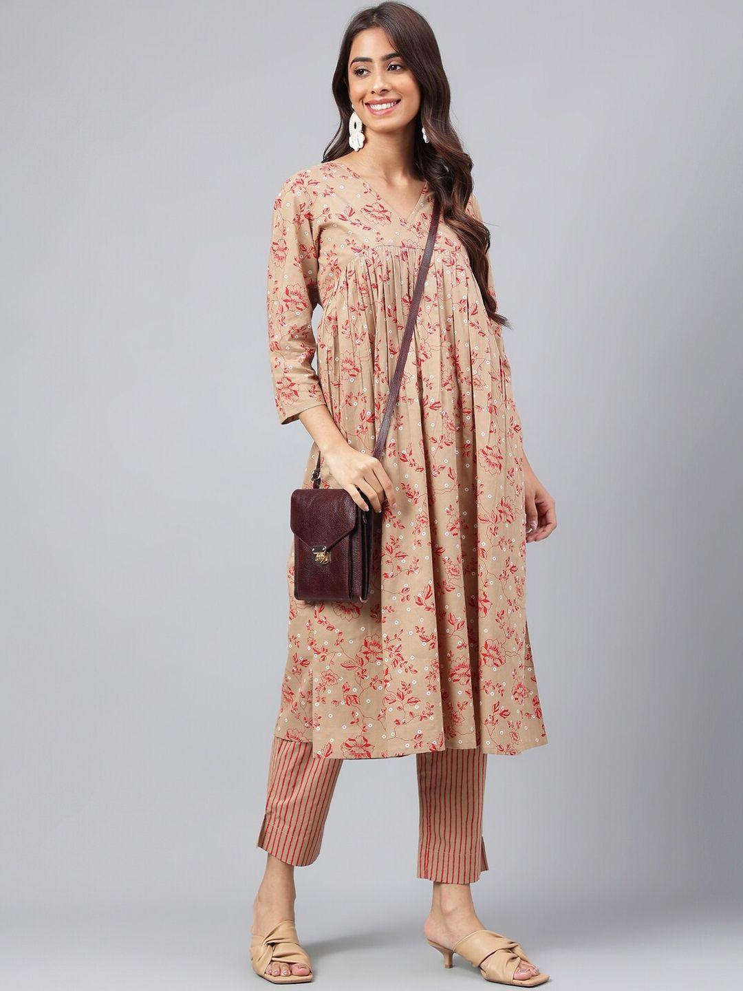 janasya brown floral printed v-neck pure cotton empire kurta and trousers