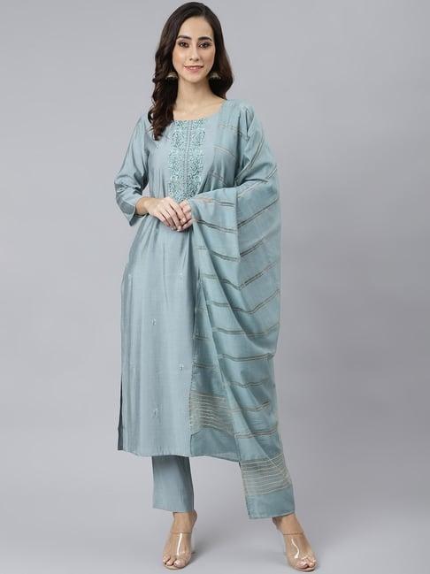 janasya dusty blue embroidered straight kurta with pants & dupatta