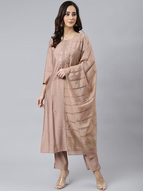 janasya dusty pink embroidered straight kurta pant set