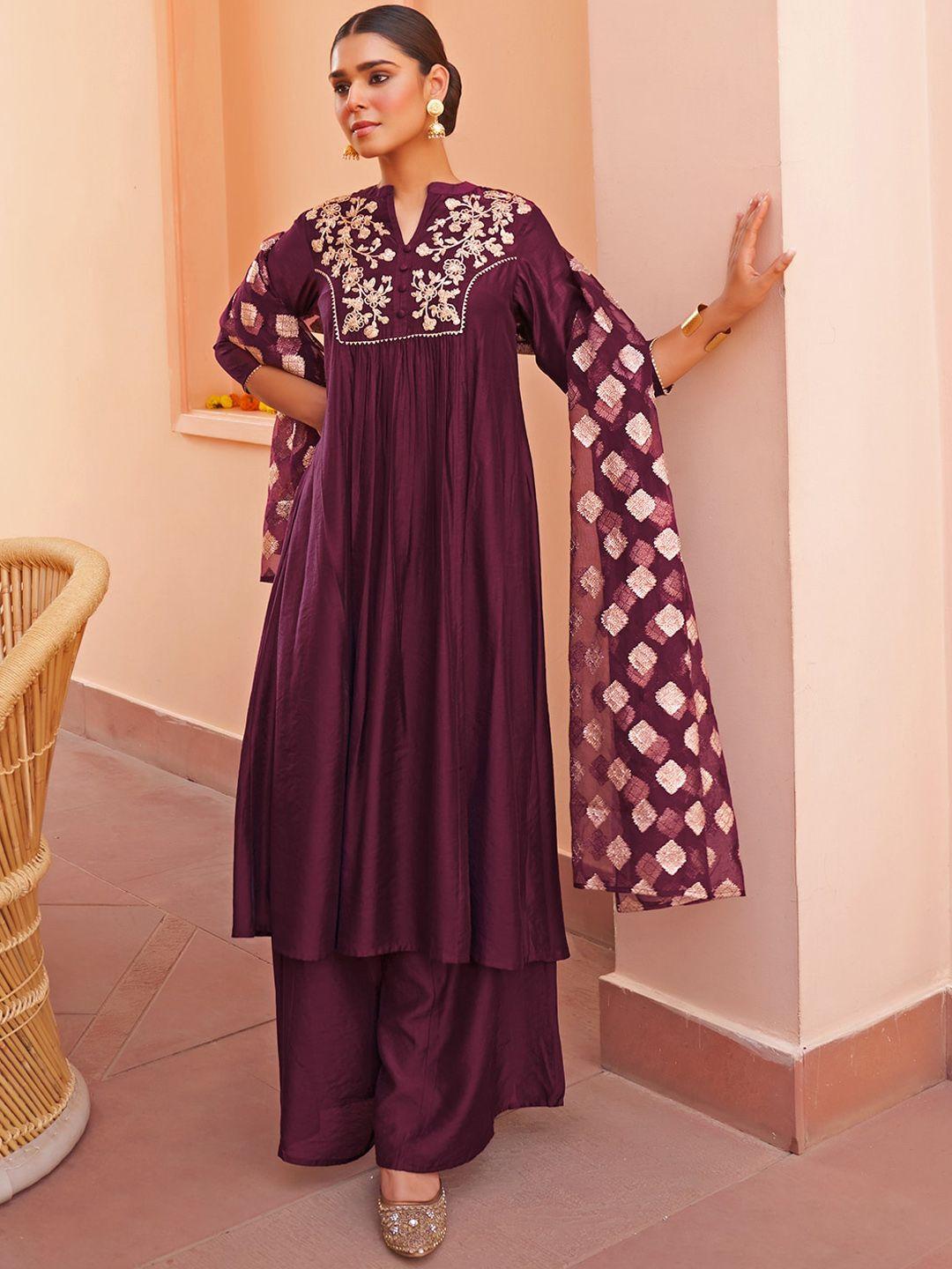 janasya ethnic motifs embroidered chanderi silk kurta with palazzos & with dupatta