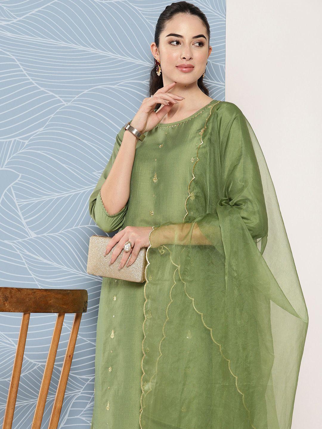 janasya ethnic motifs embroidered gotta patti detail kurta with pants & dupatta