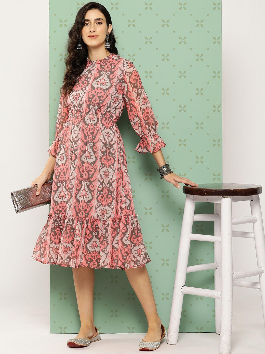 janasya ethnic motifs print puff sleeve georgette a-line midi dress