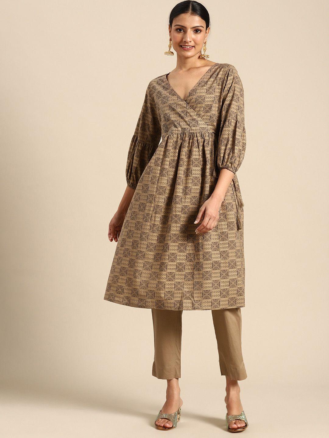 janasya ethnic motifs printed angrakha pure cotton kurta with trousers