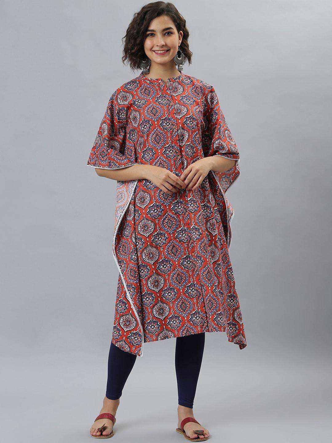 janasya ethnic motifs printed flared sleeves kaftan cotton kurta