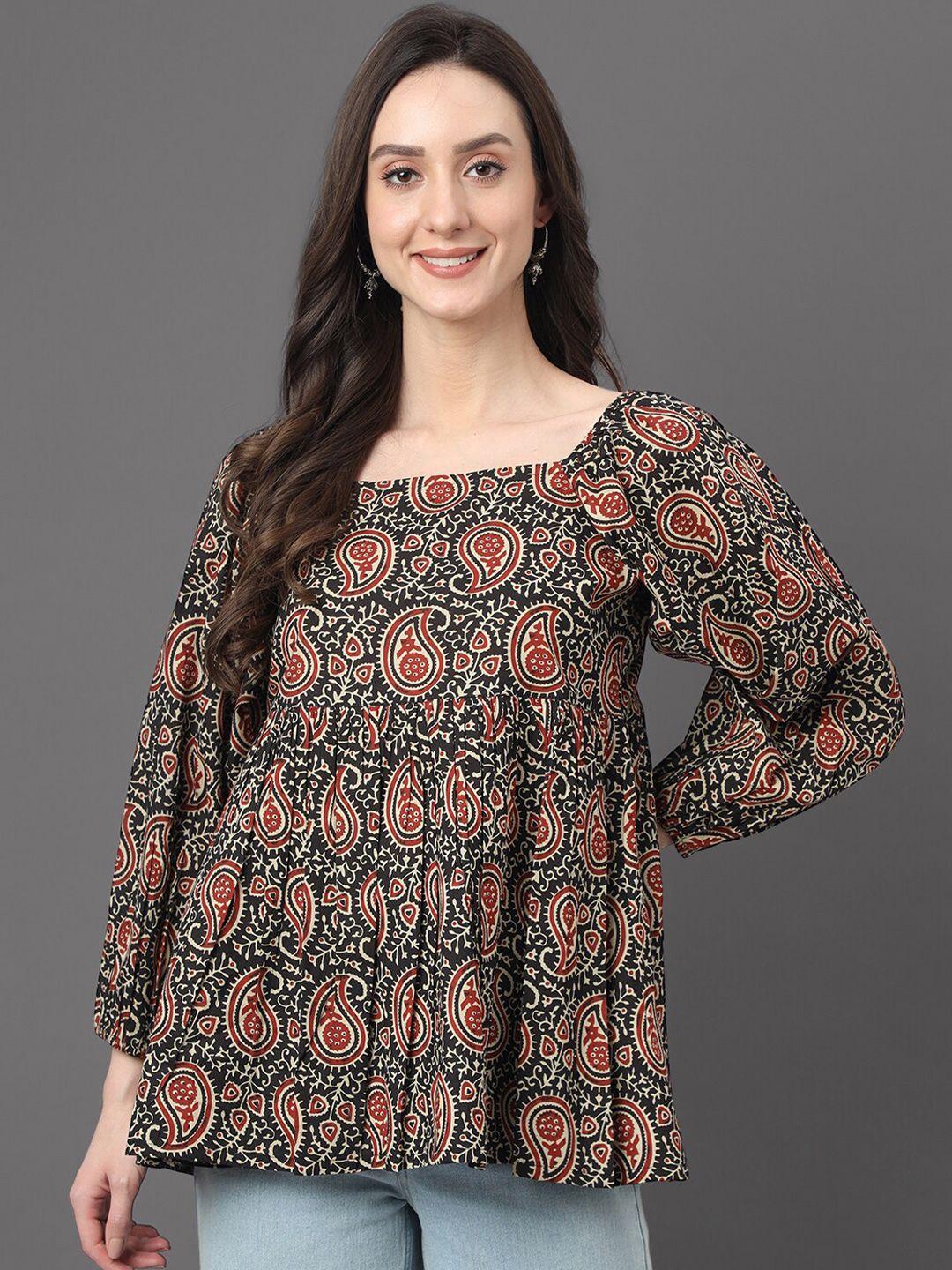 janasya ethnic motifs printed square neck cotton a-line top