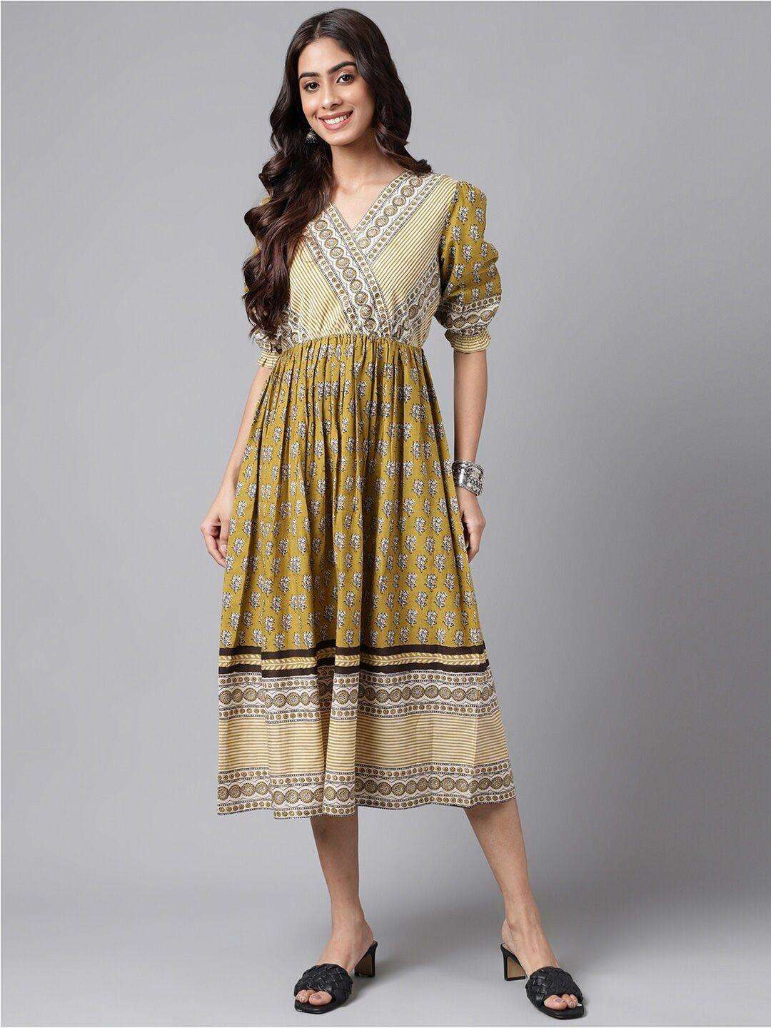 janasya ethnic motifs printed v-neck gathered detailed fit & flare midi dress