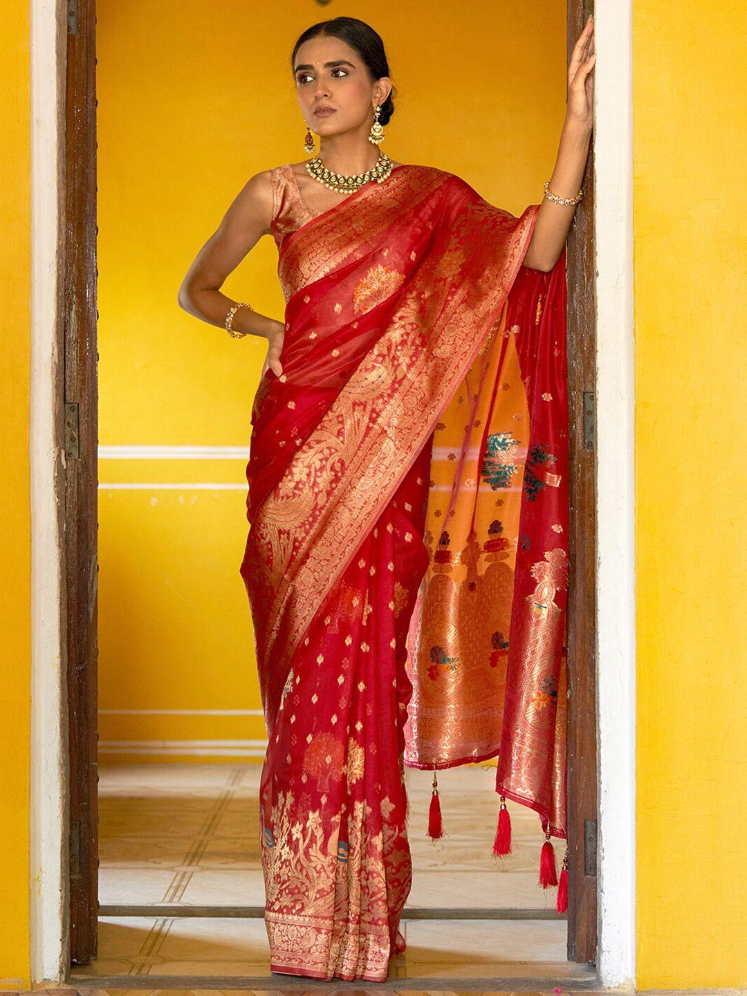 janasya ethnic motifs woven design zari organza kanjeevaram saree