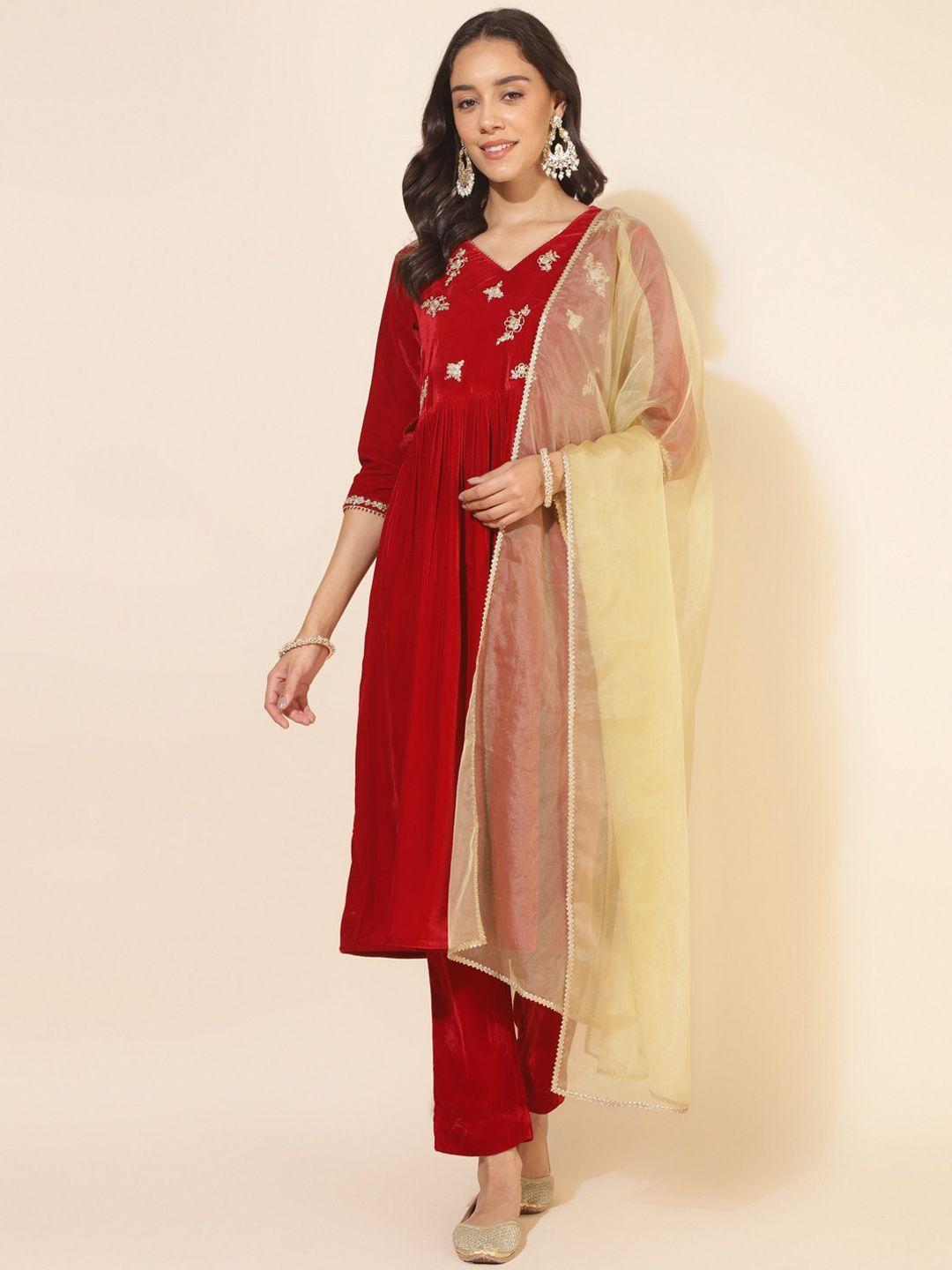 janasya ethnic motifs yoke design gotta patti velvet a-line kurta & trousers with dupatta