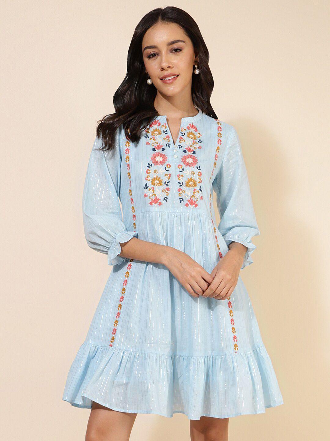 janasya floral embroidered bell sleeves gathered a-line dress