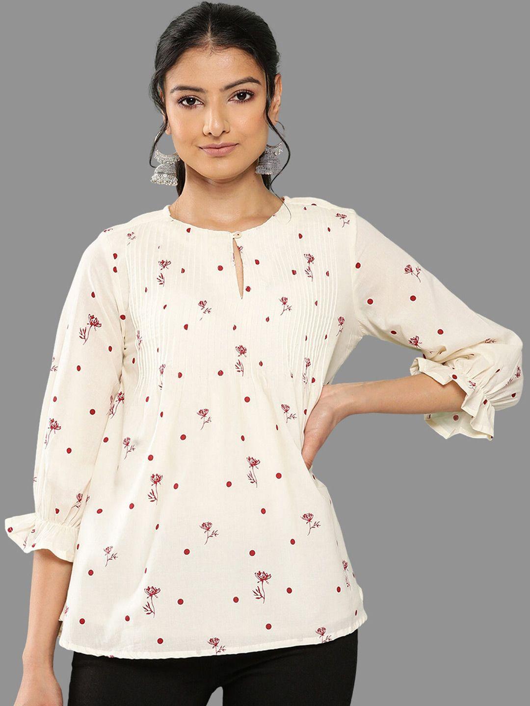 janasya floral print keyhole neck cotton a-line top