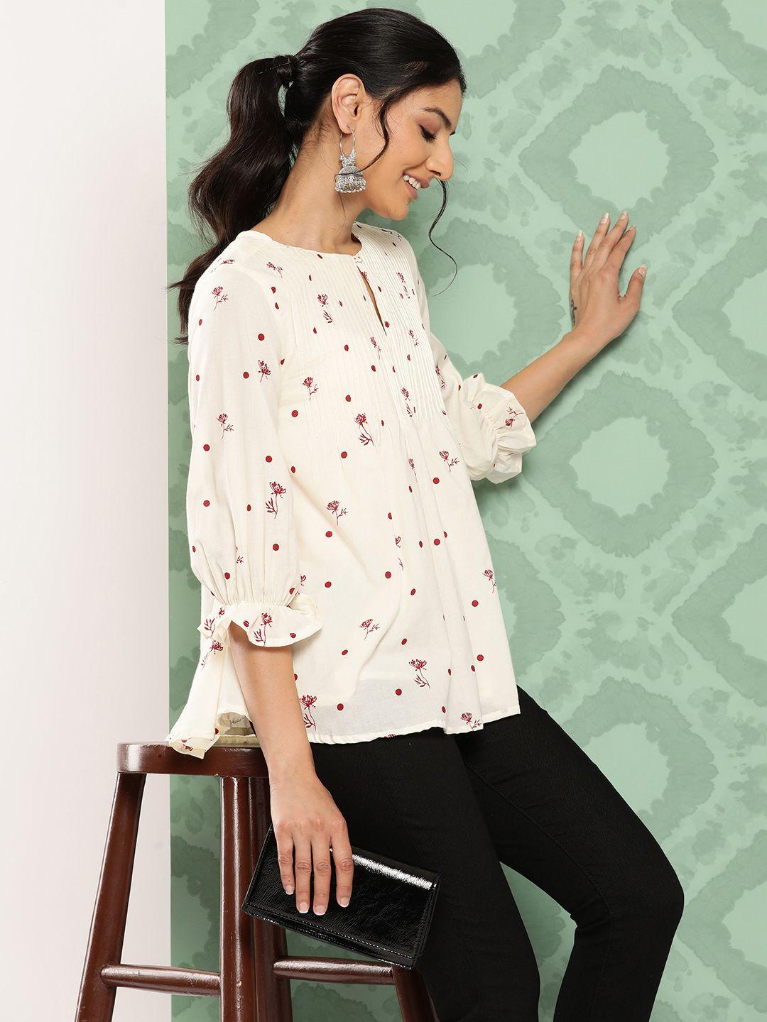 janasya floral print keyhole neck puff sleeves cotton top