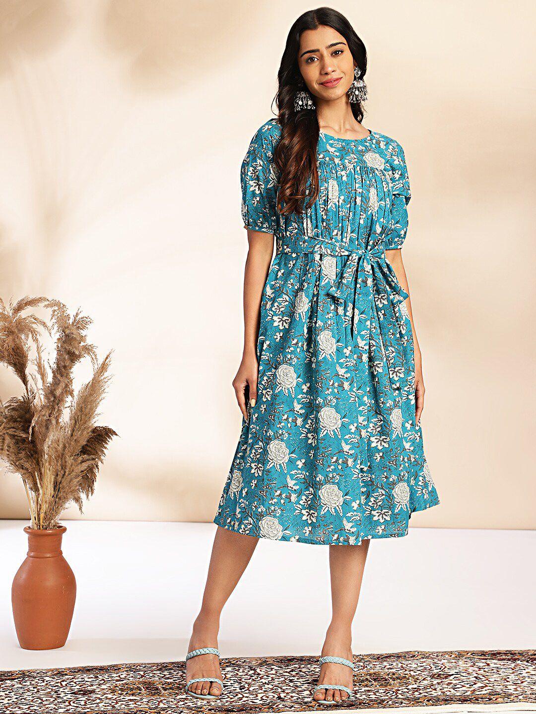 janasya floral print round neck cotton a-line dress