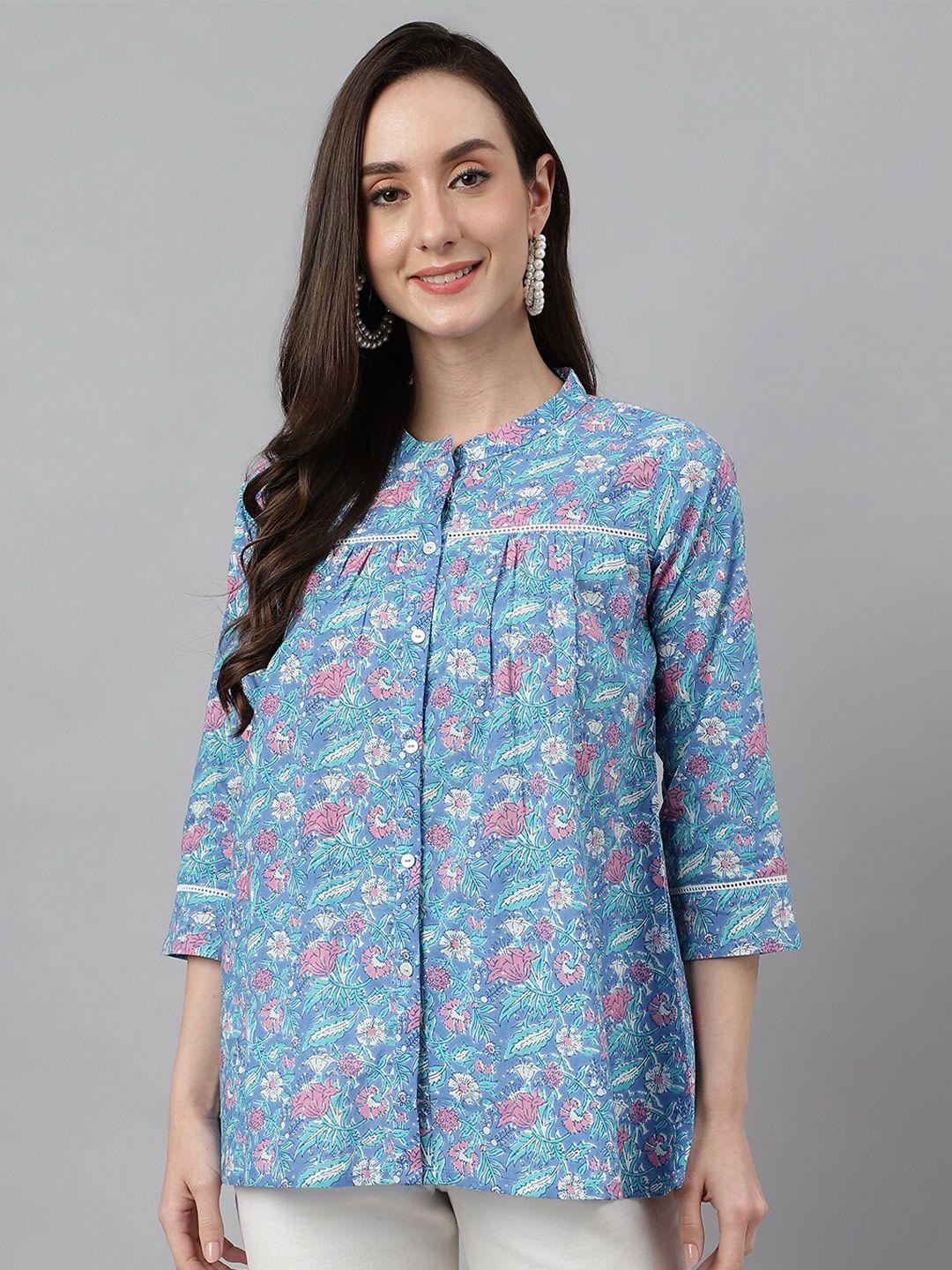 janasya floral printed cotton shirt style top