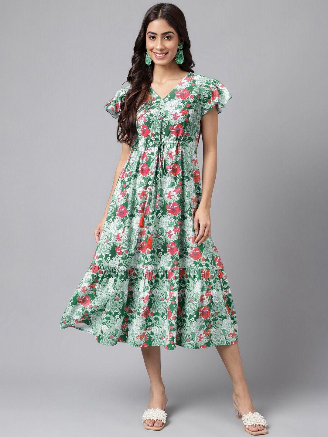 janasya floral printed flared sleeves a-line midi dress