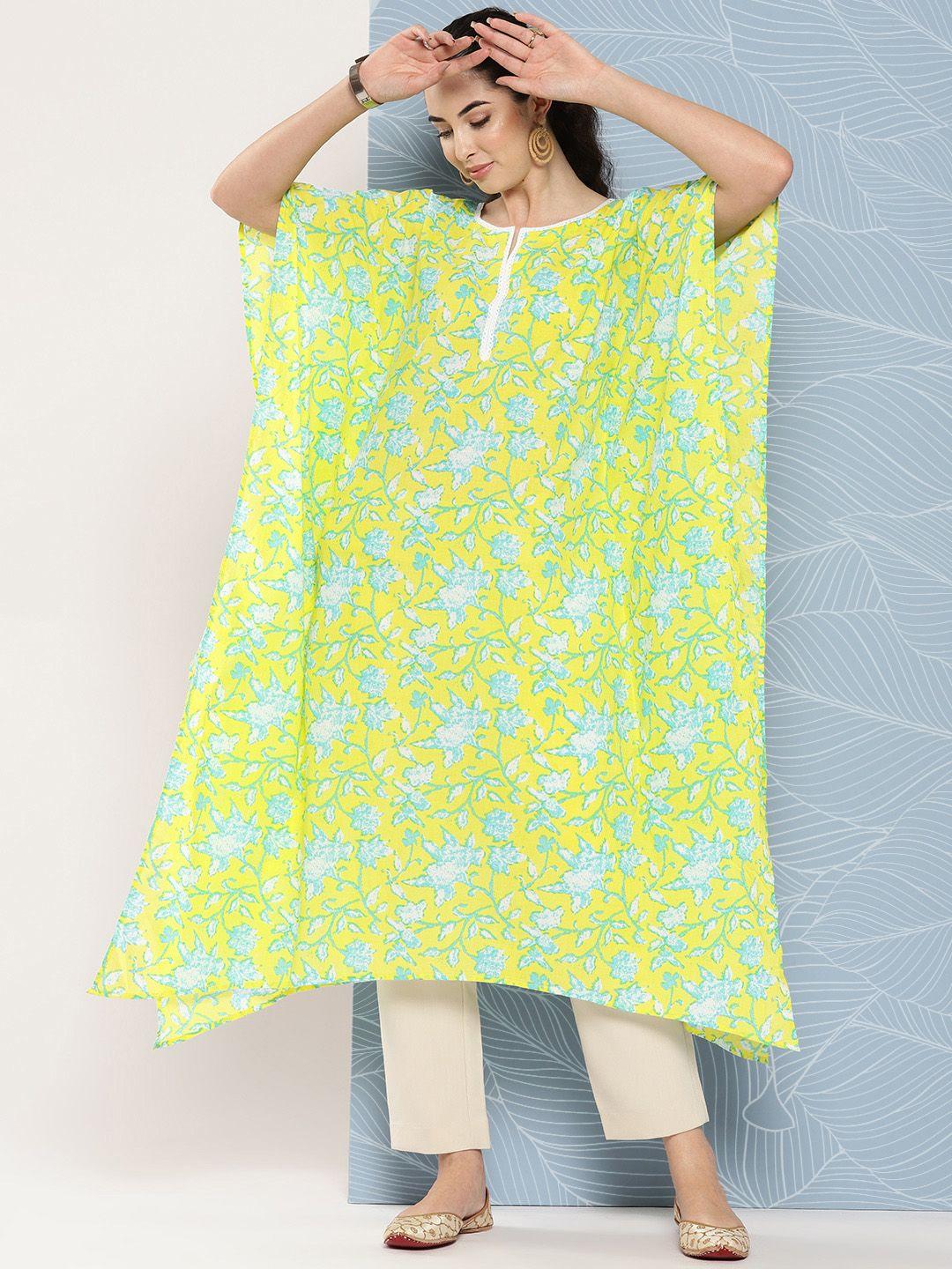 janasya floral printed flared sleeves pure cotton kaftan kurta