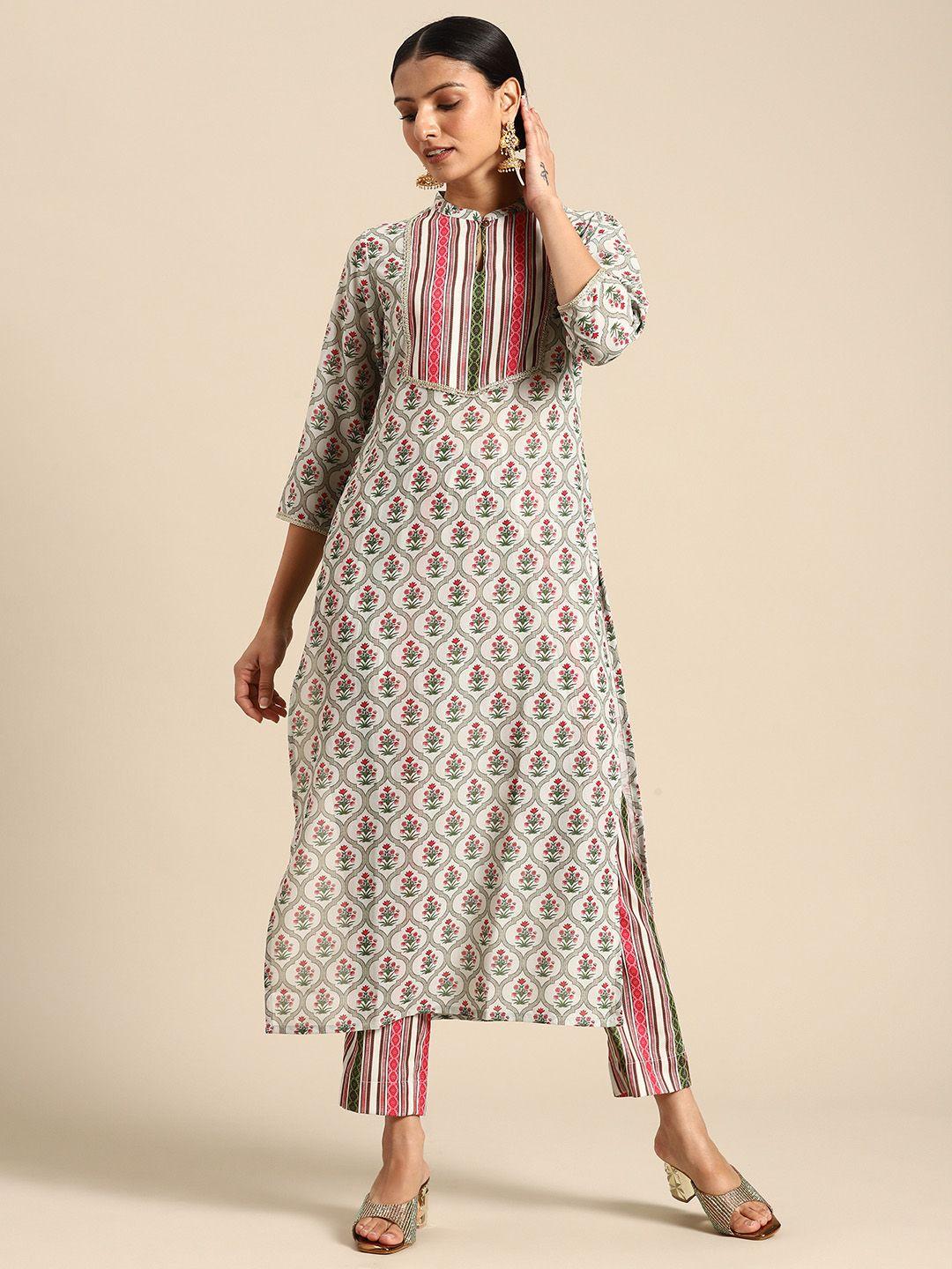 janasya floral printed keyhole neck zari kurta with trousers