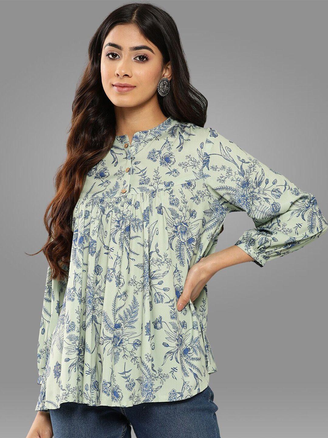 janasya floral printed mandarin collar empire top