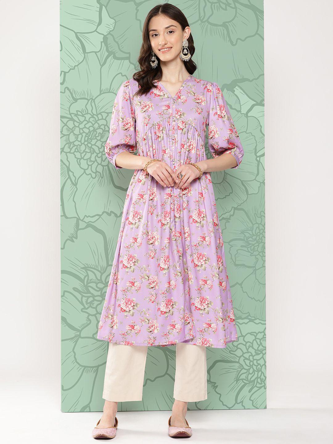 janasya floral printed puff sleeves gotta patti kurta