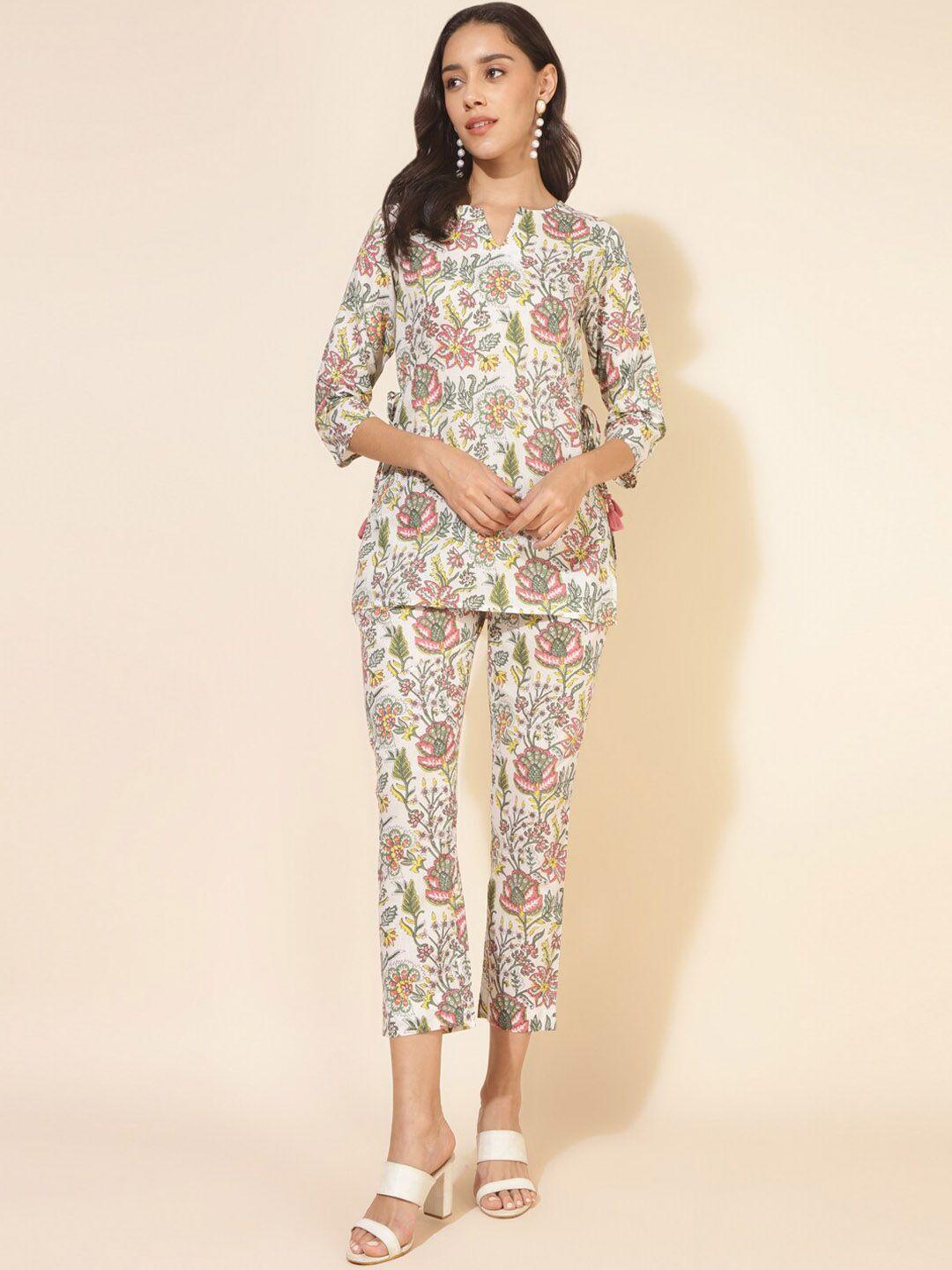 janasya floral printed pure cotton tunic & trousers