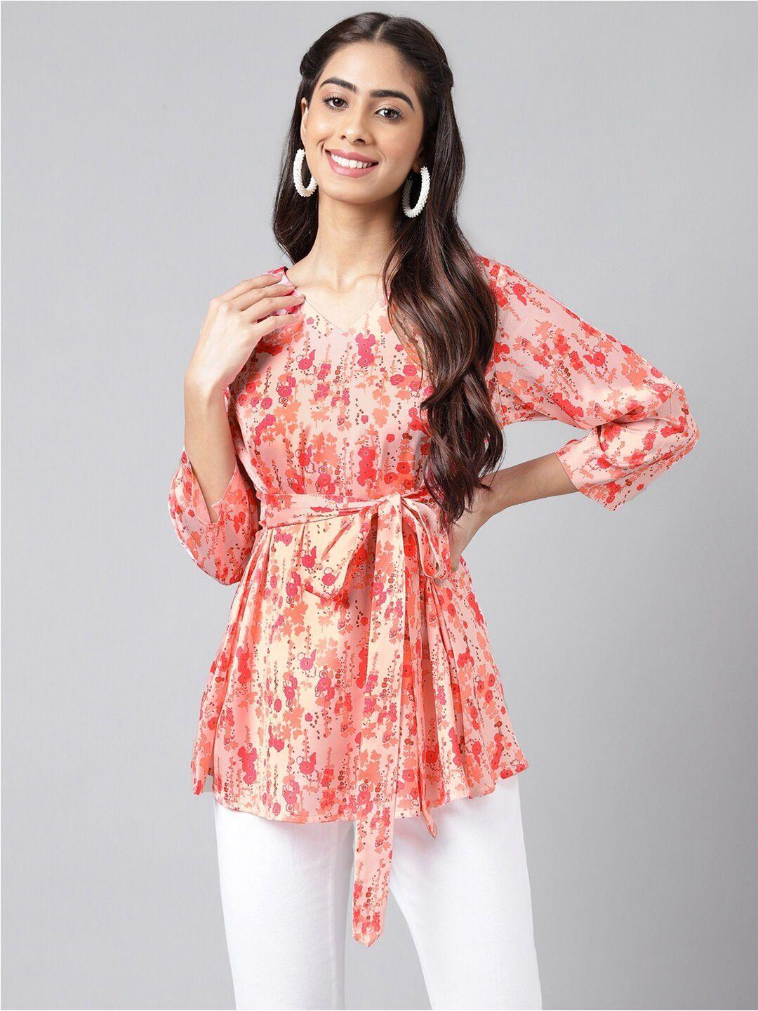 janasya floral printed satin a-line longline top