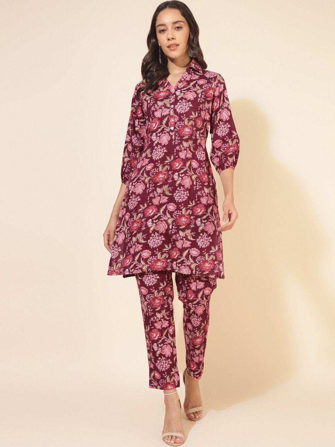 janasya floral printed shirt collar puff sleeve pure cotton tunic with trousers