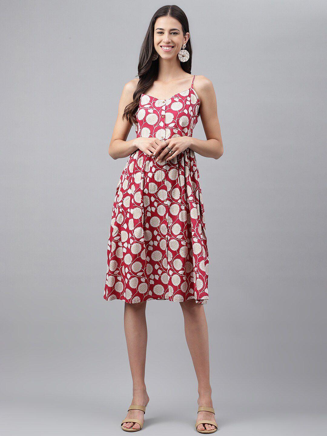 janasya floral printed shoulder straps pleated detailed a-line dress