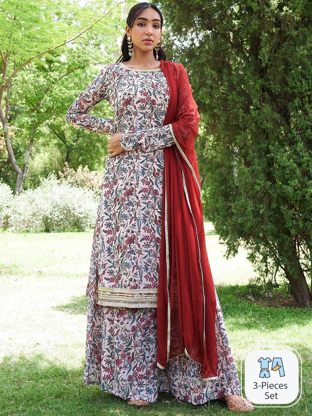 janasya floral printed straight kurta with palazzos & dupatta