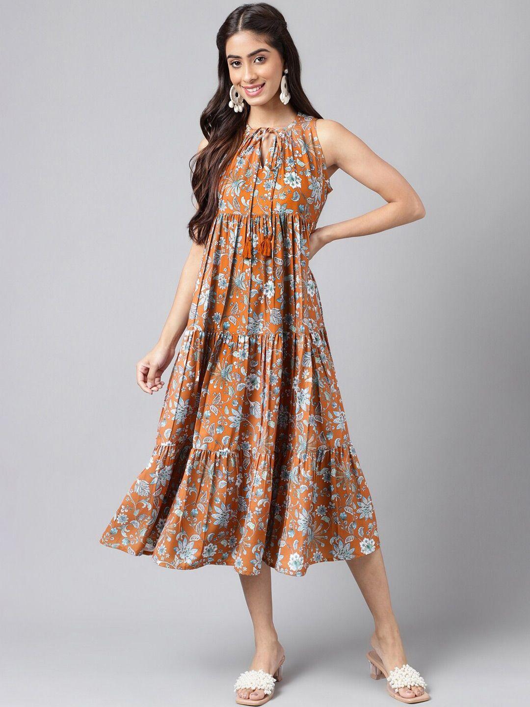 janasya floral printed tie up neck gathered or pleated a-line midi tiered dress