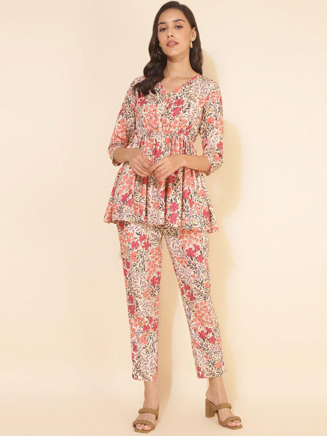 janasya floral printed top with trousers