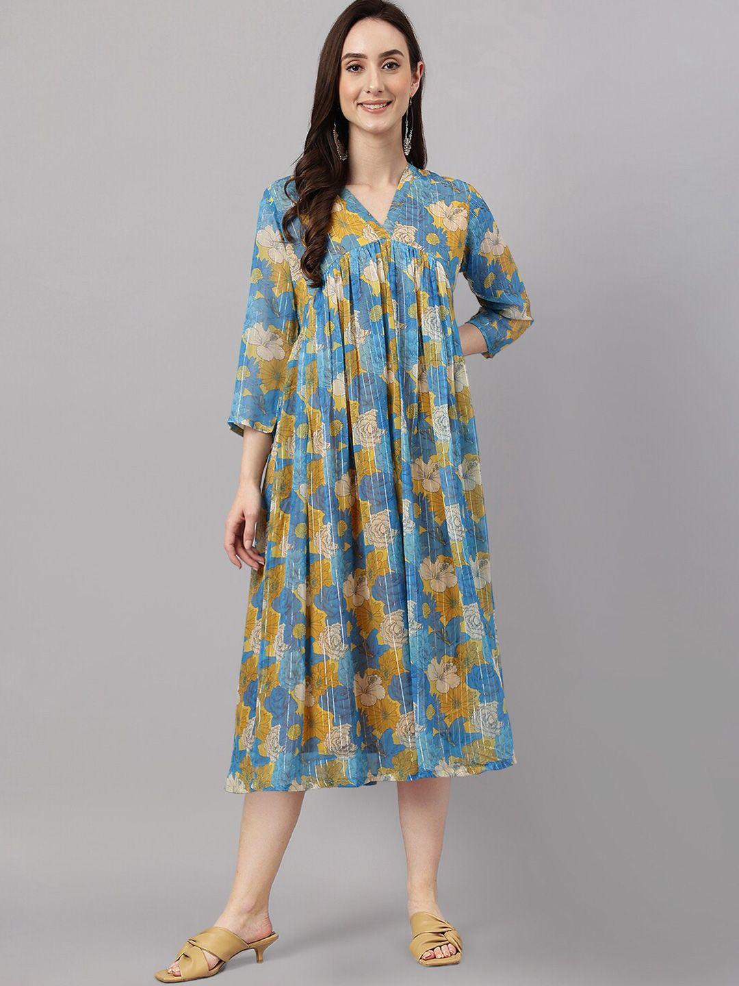 janasya floral printed v neck chiffon a-line dress