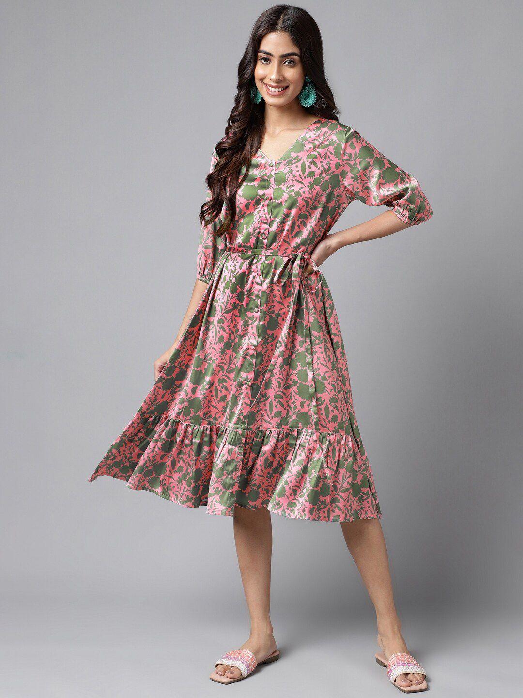 janasya floral printed v-neck cuffed sleeves gathered a-line dress