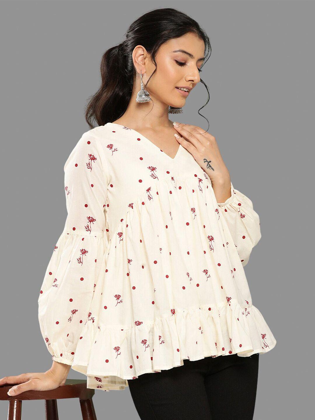 janasya floral printed v-neck puff sleeves gathered  detail cotton empire top
