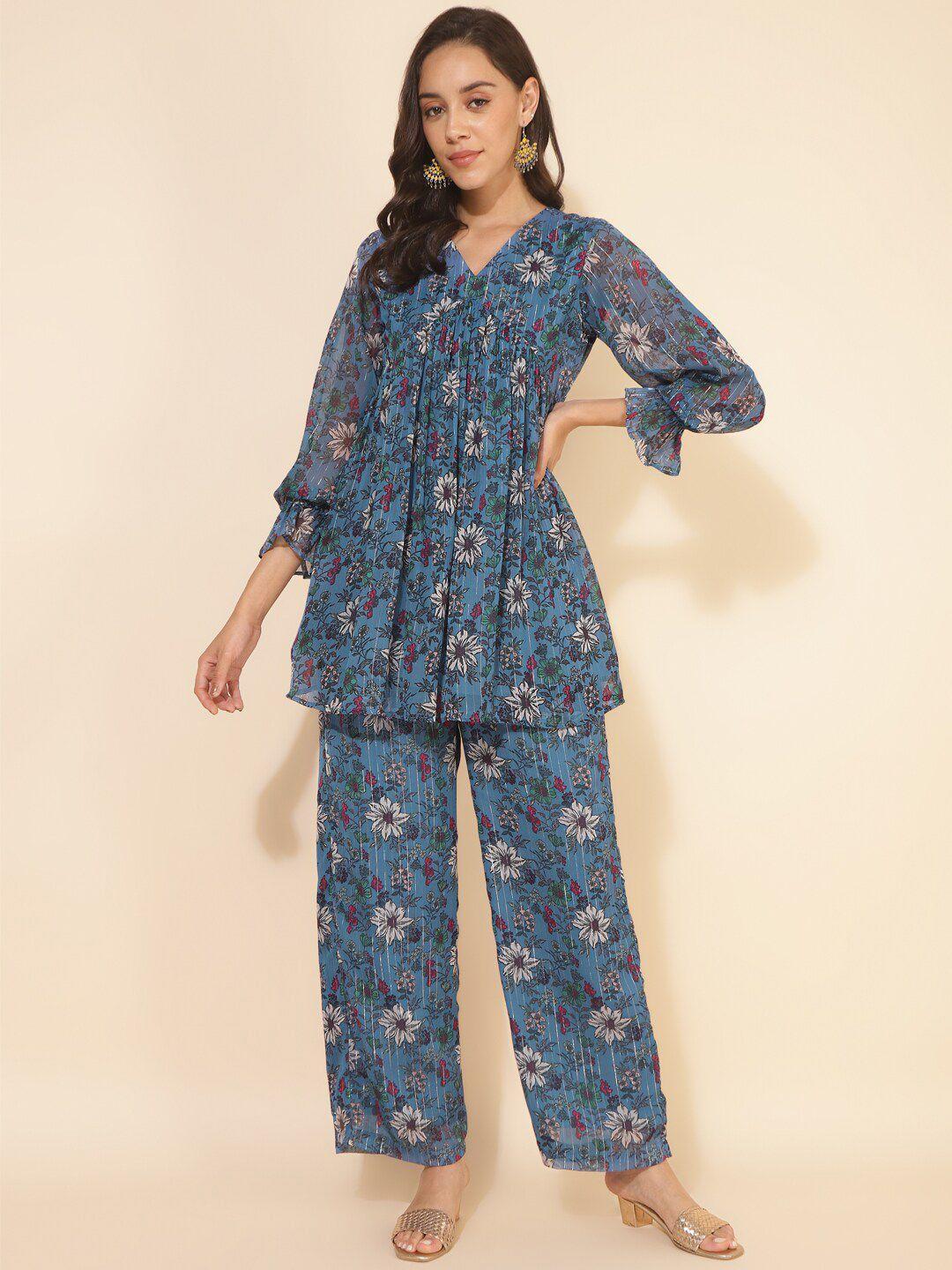 janasya floral printed v-neck puff sleeves tunic with trousers