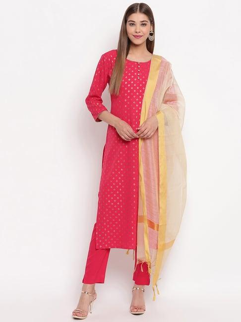 janasya fuchsia printed kurta with pant & dupatta