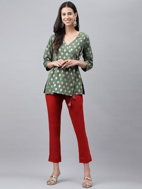 janasya green & maroon printed tunic pant set