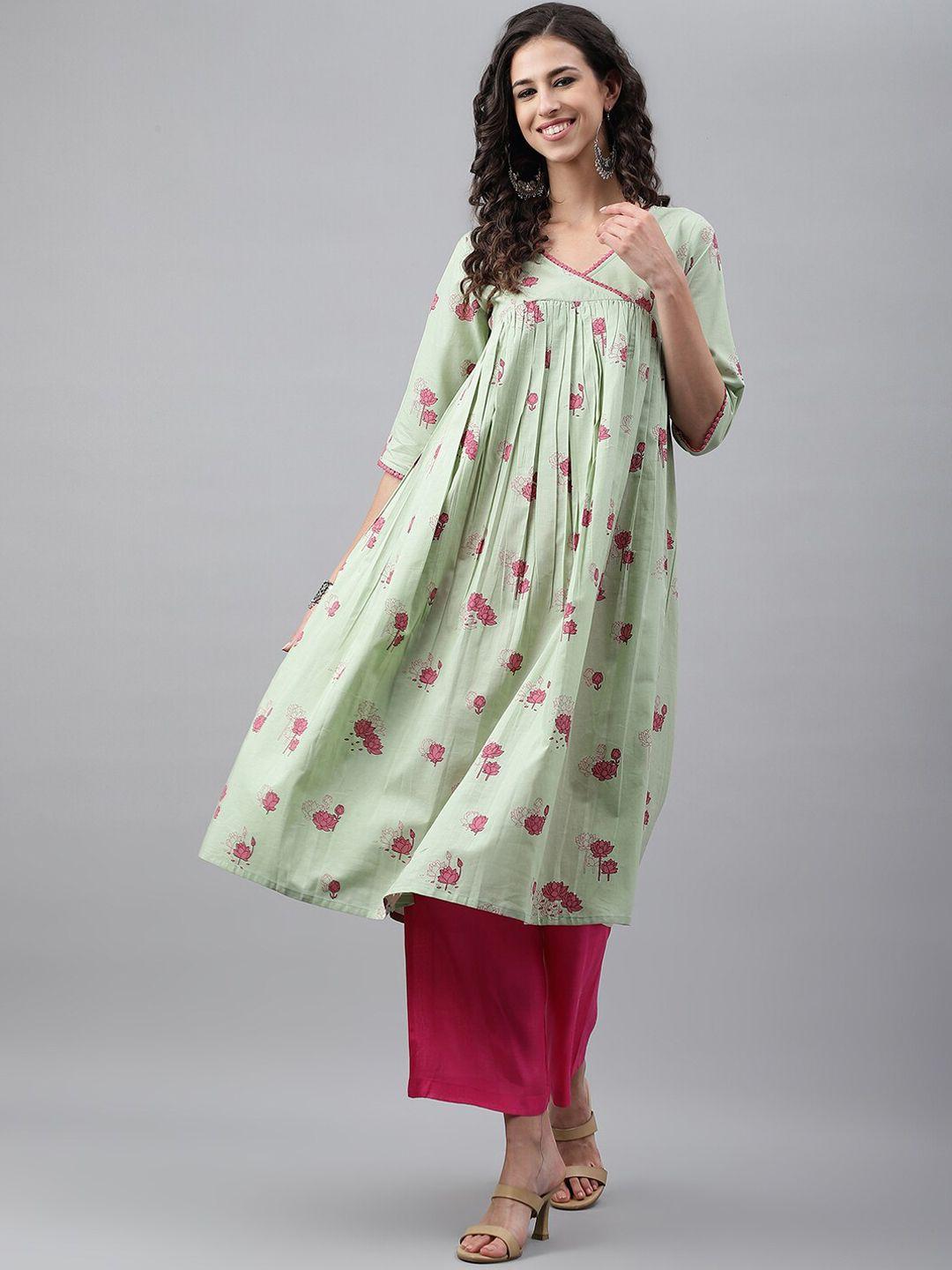 janasya green & pink v-neck floral printed a-line cotton kurta