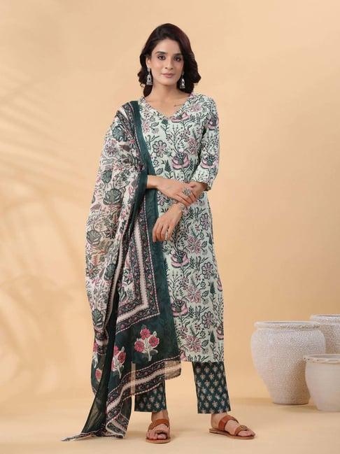 janasya green cotton floral print kurta & pant set with dupatta