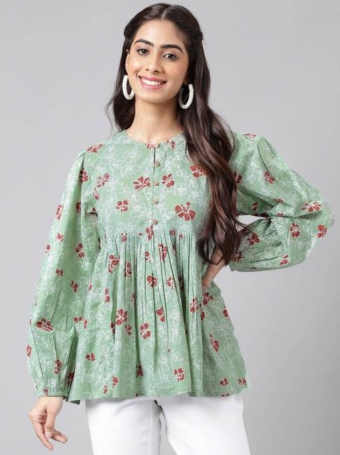 janasya green cotton floral print peplum top